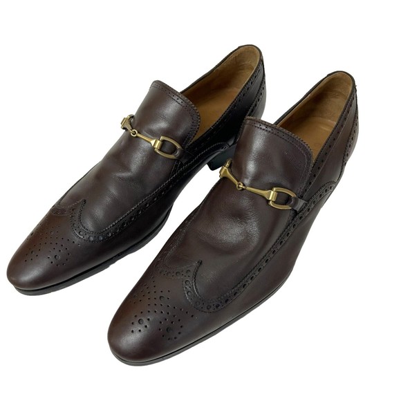 Gucci Men Shoes Brown Leather Sz 8.5 Loafer Slip On Horsebit Wingtip Italy - Picture 2 of 12